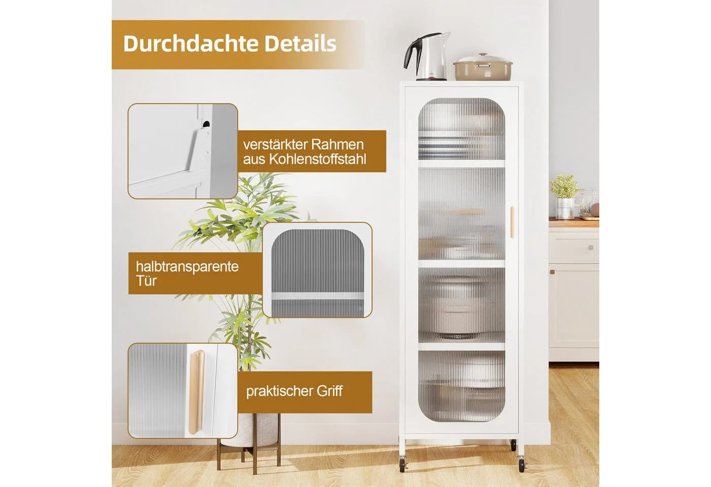 COSTWAY Vorratsschrank Küchenschrank Schwarz/Weiß mit Rollen und verstellbaren Regalen - Bild 3
