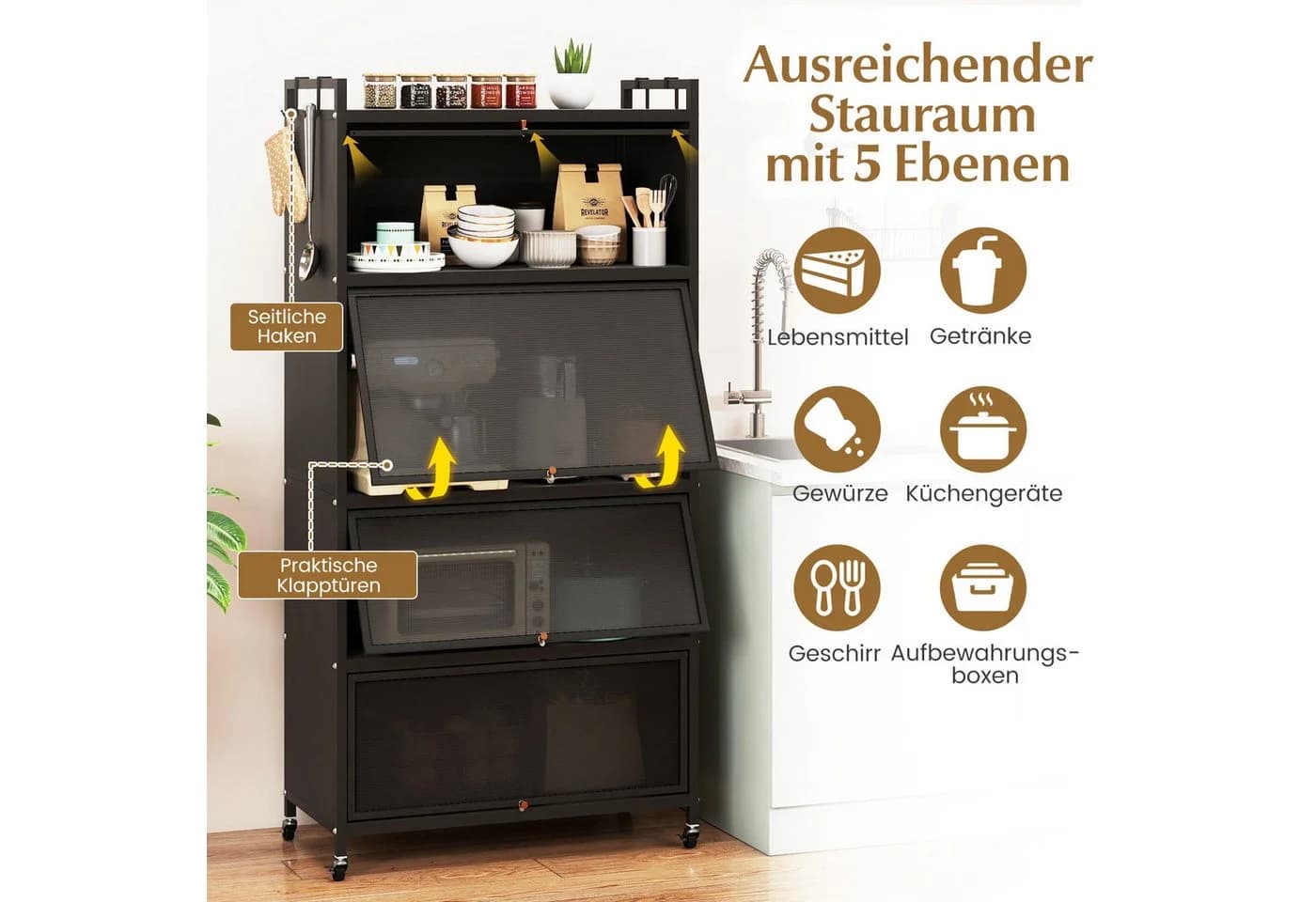 KOMFOTTEU Vorratsschrank mit Klapptüren & Rollen