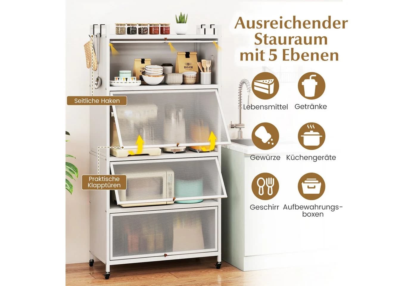 KOMFOTTEU Vorratsschrank 5-Ebenen Küchenregal auf Rollen Schwarz/Weiß - Bild 3