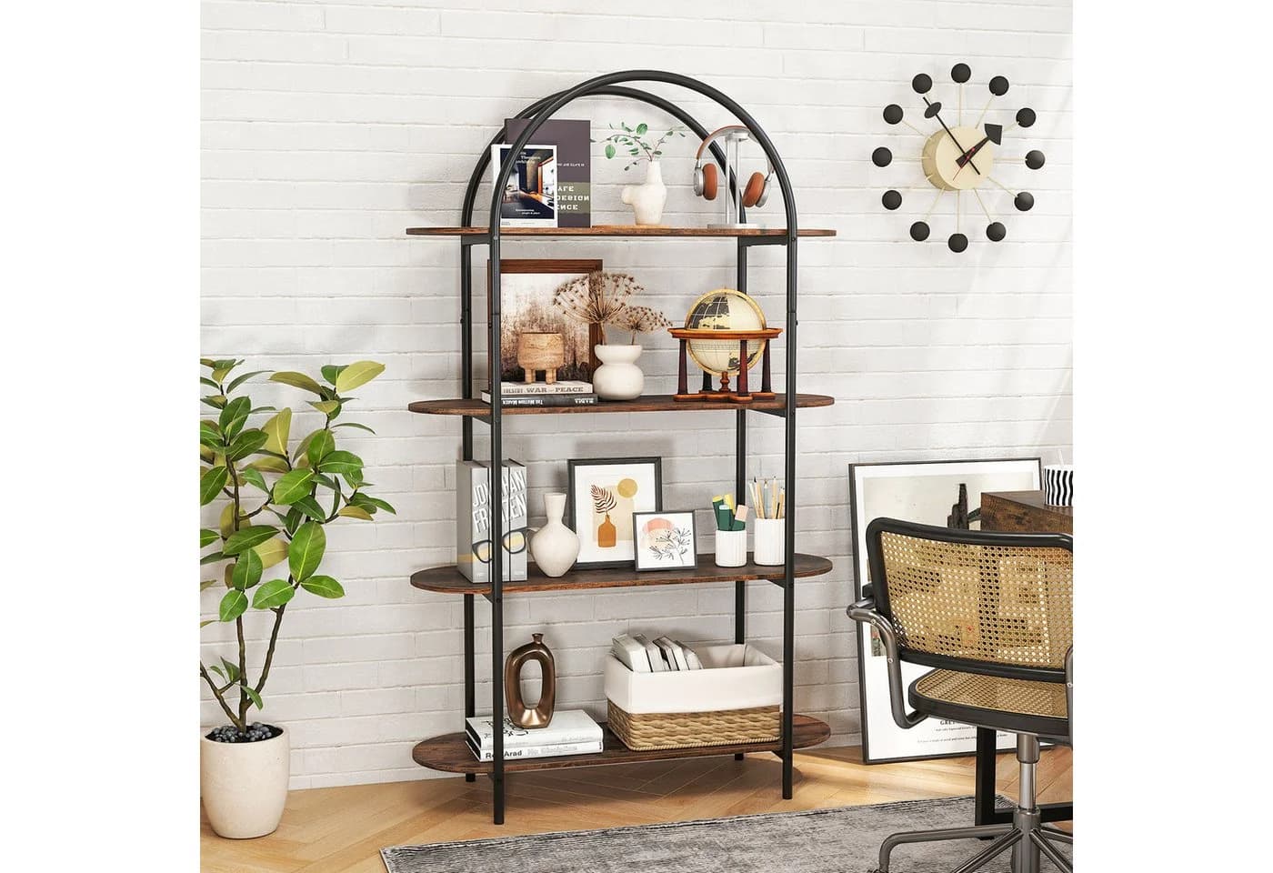 KOMFOTTEU Bücherregal 4-stöckig Bogen Design Rustikal Braun Schwarz