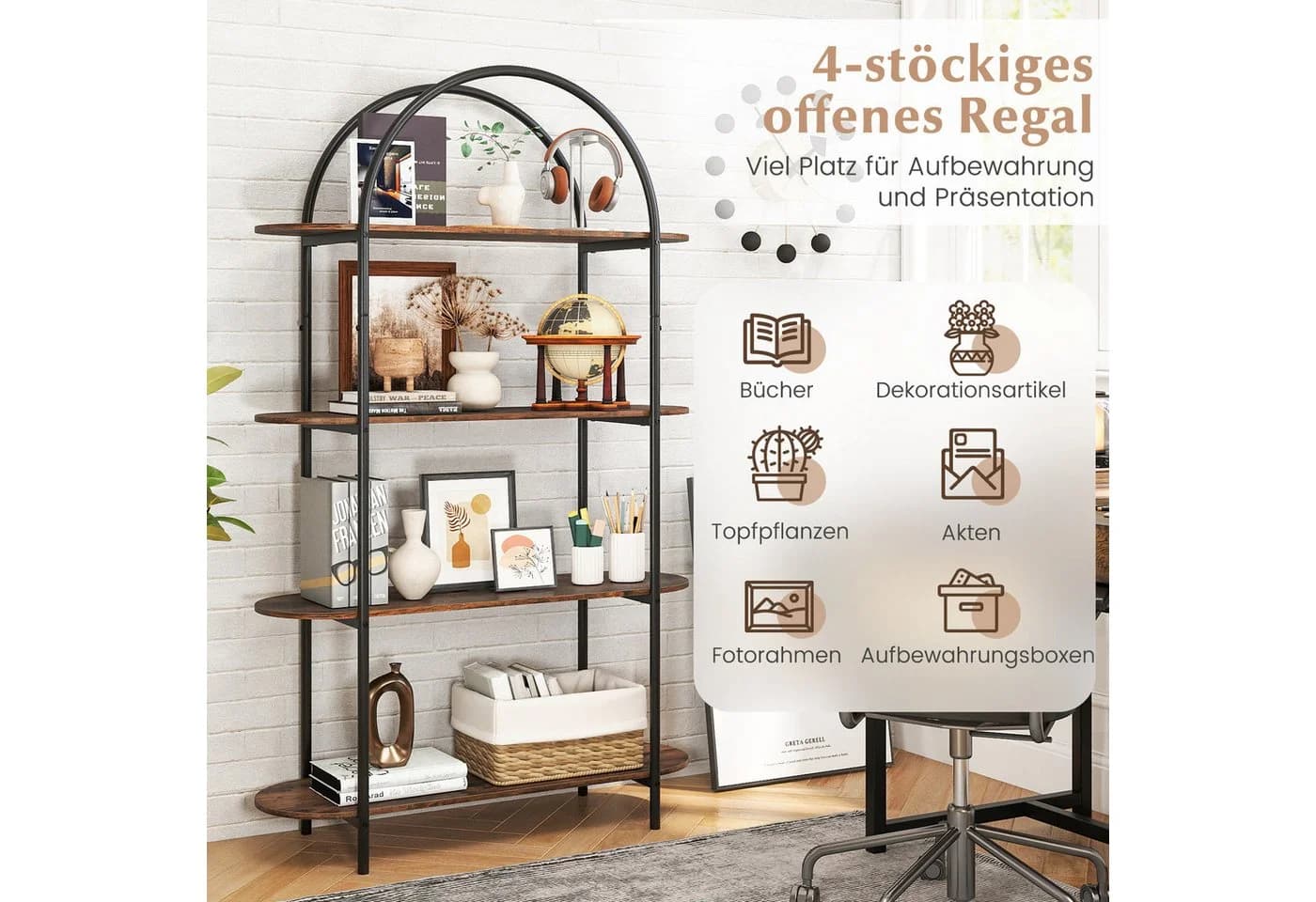 KOMFOTTEU Bücherregal 4-stöckig Bogen Design Rustikal Braun Schwarz - Bild 3