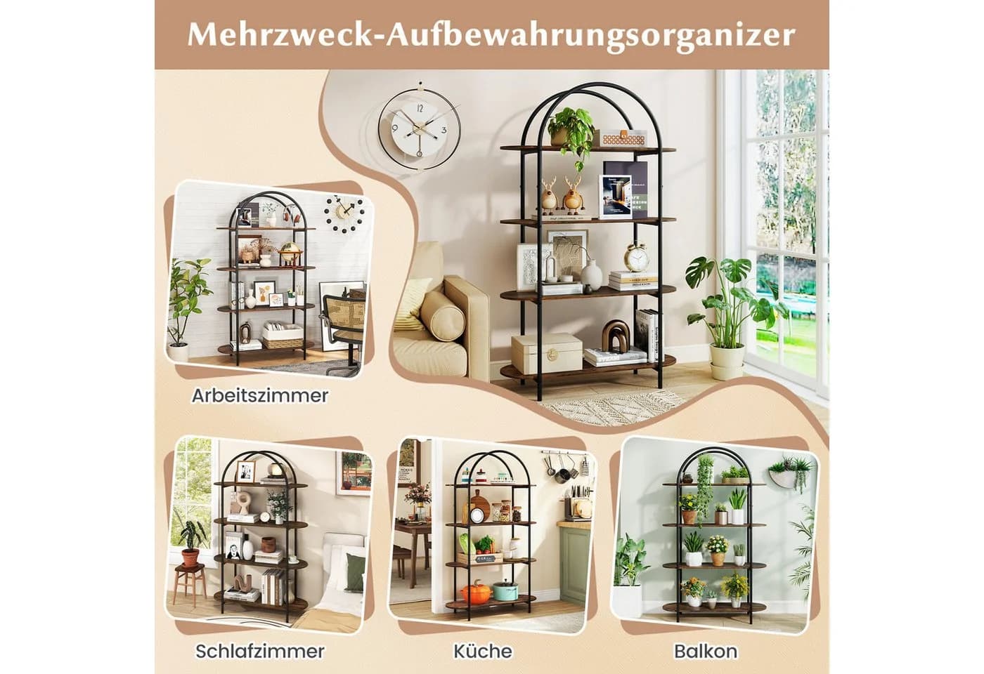 KOMFOTTEU Bücherregal 4-stöckig Bogen Design Rustikal Braun Schwarz - Bild 5