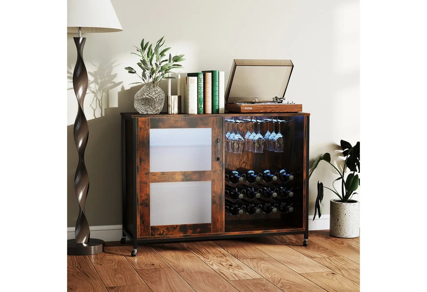 KOMFOTTEU Weinschrank Barschrank Rustikales Braun Schwarz mit Beleuchtung