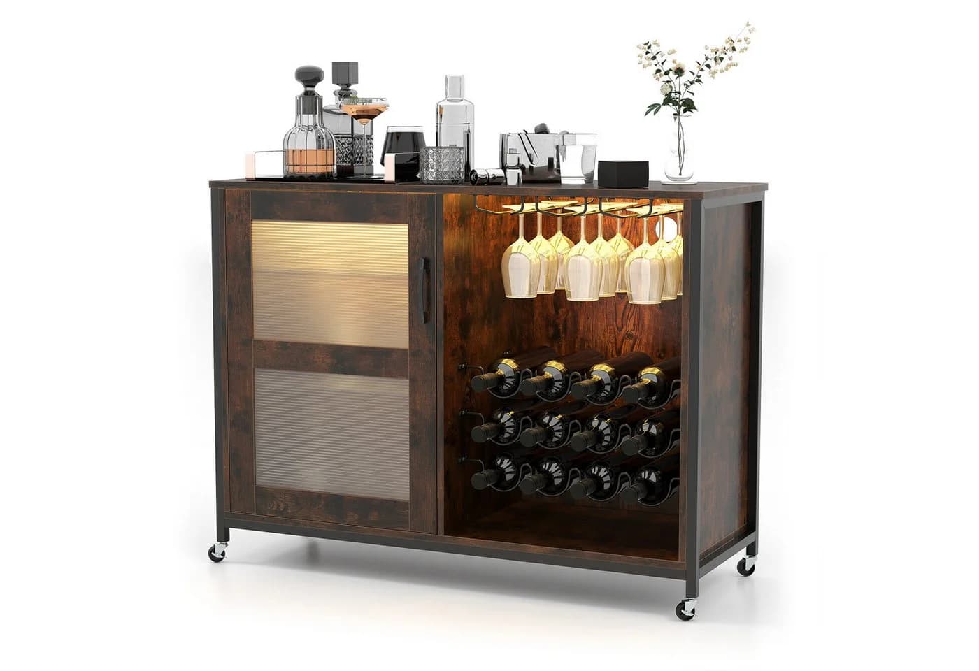 KOMFOTTEU Weinschrank Barschrank Rustikales Braun Schwarz mit Beleuchtung - Bild 2