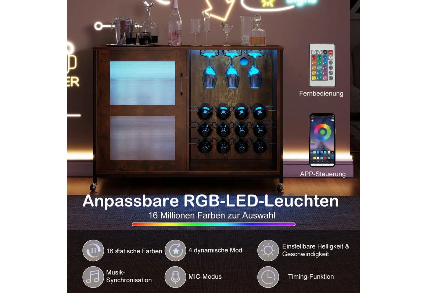 KOMFOTTEU Weinschrank Barschrank Rustikales Braun Schwarz mit Beleuchtung - Bild 4