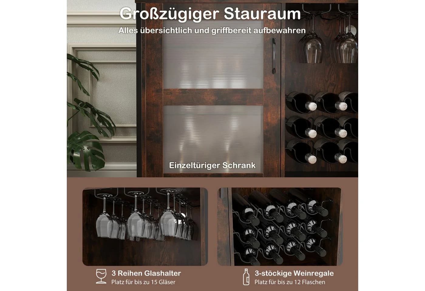 KOMFOTTEU Weinschrank Barschrank Rustikales Braun Schwarz mit Beleuchtung - Bild 5