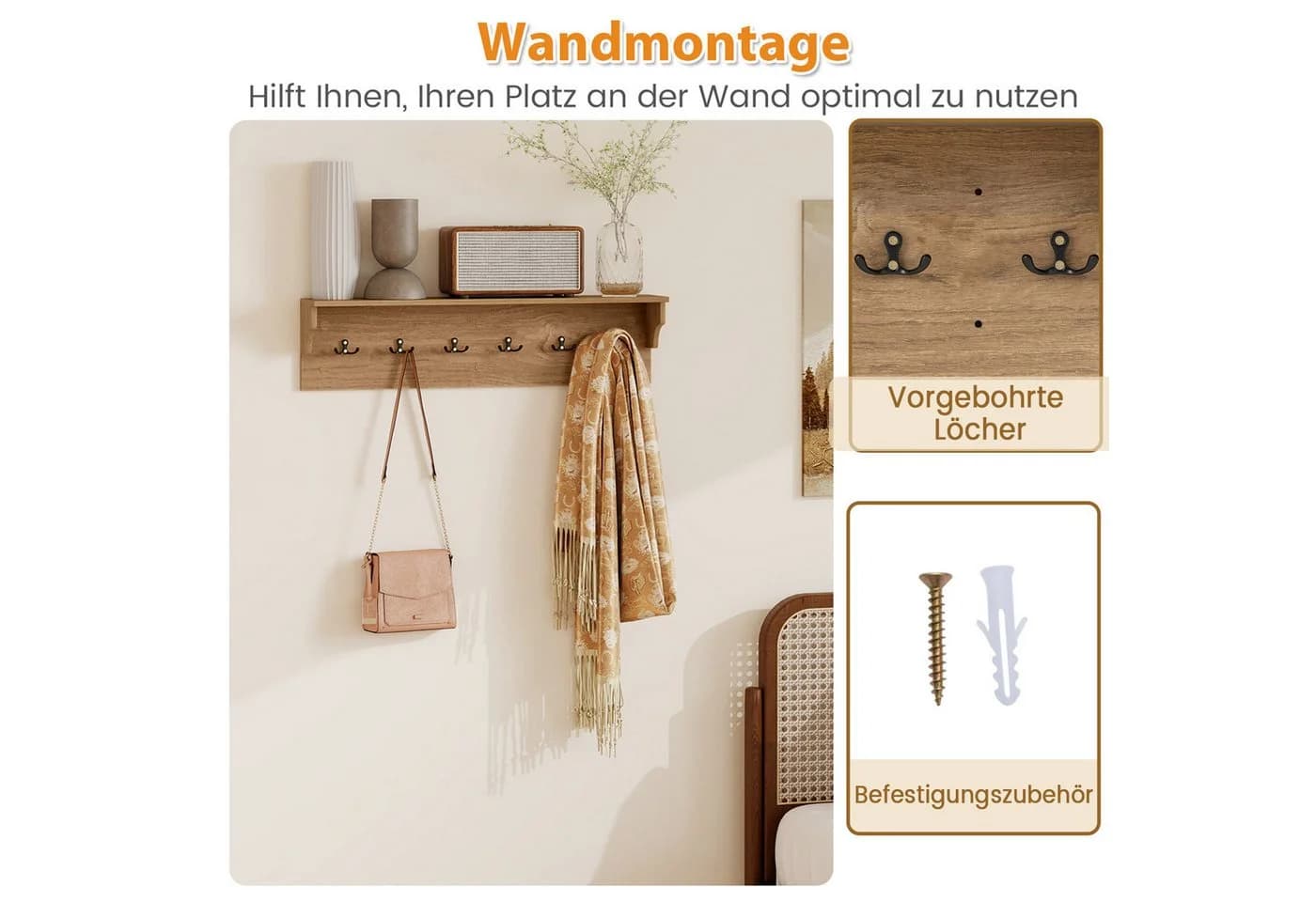 COSTWAY Wandgarderobe mit 6 Haken und Ablage Wandregal - Bild 3