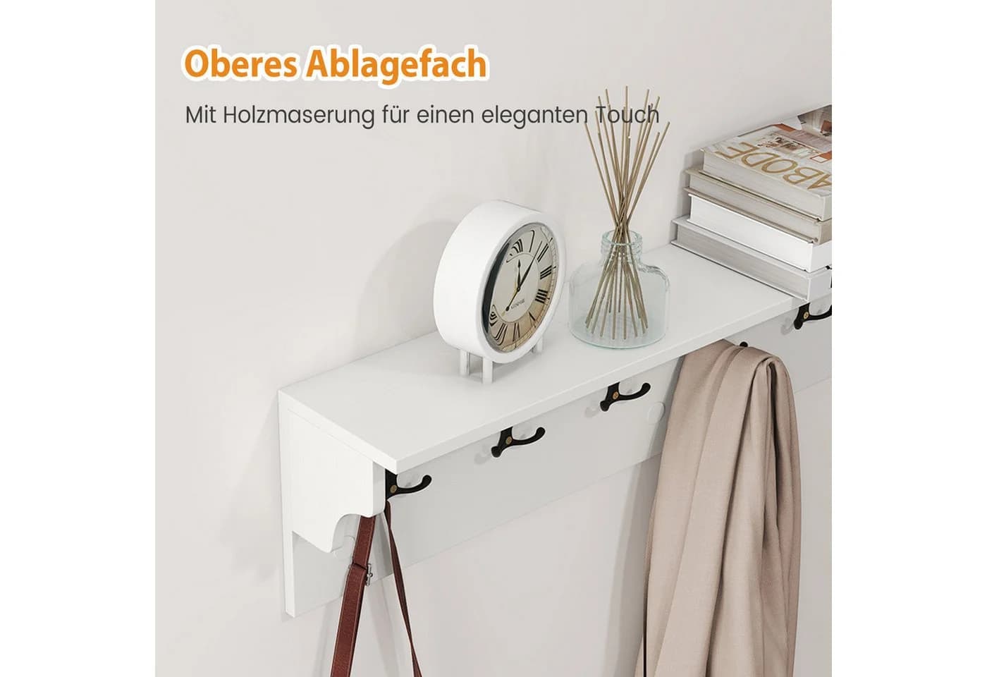 COSTWAY Wandgarderobe mit 6 Haken und Ablage Weiß - Bild 3