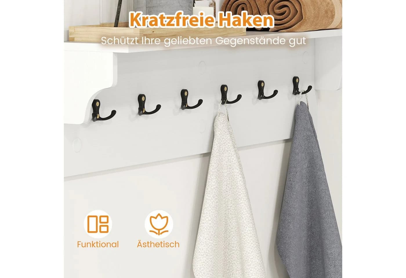 COSTWAY Wandgarderobe mit 6 Haken und Ablage Weiß - Bild 4