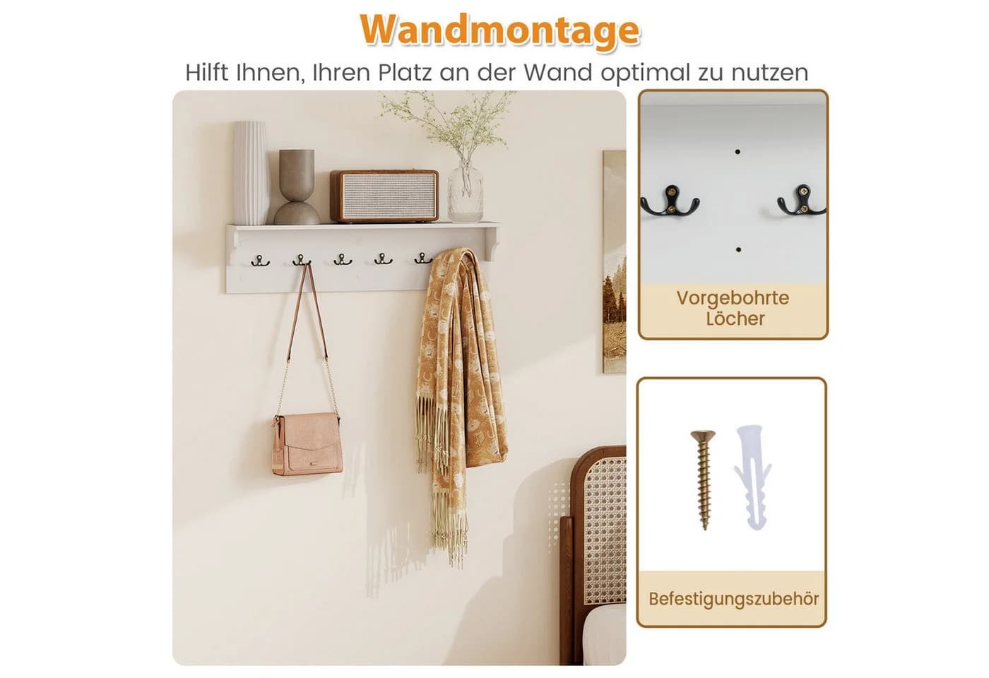 COSTWAY Wandgarderobe mit 6 Haken und Ablage Weiß - Bild 5
