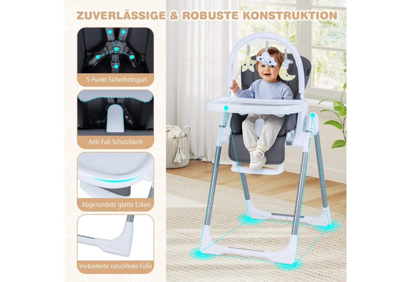 COSTWAY Kinderhochstuhl Klappbar Grau - Bild 4