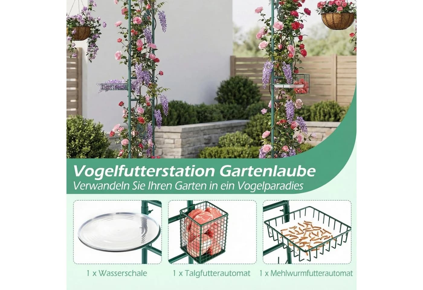 COSTWAY Gartenbogen mit Vogelfutterstation und Spalier Grün/Schwarz - Bild 4