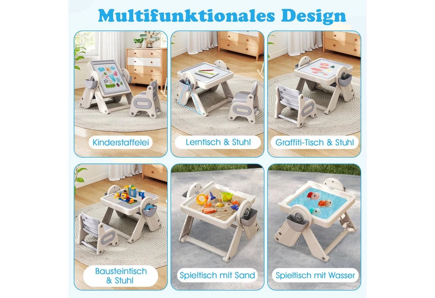 COSTWAY Kindersitzgruppe 6-in-1 Kindertisch Set mit Stuhl, klappbar - Bild 3