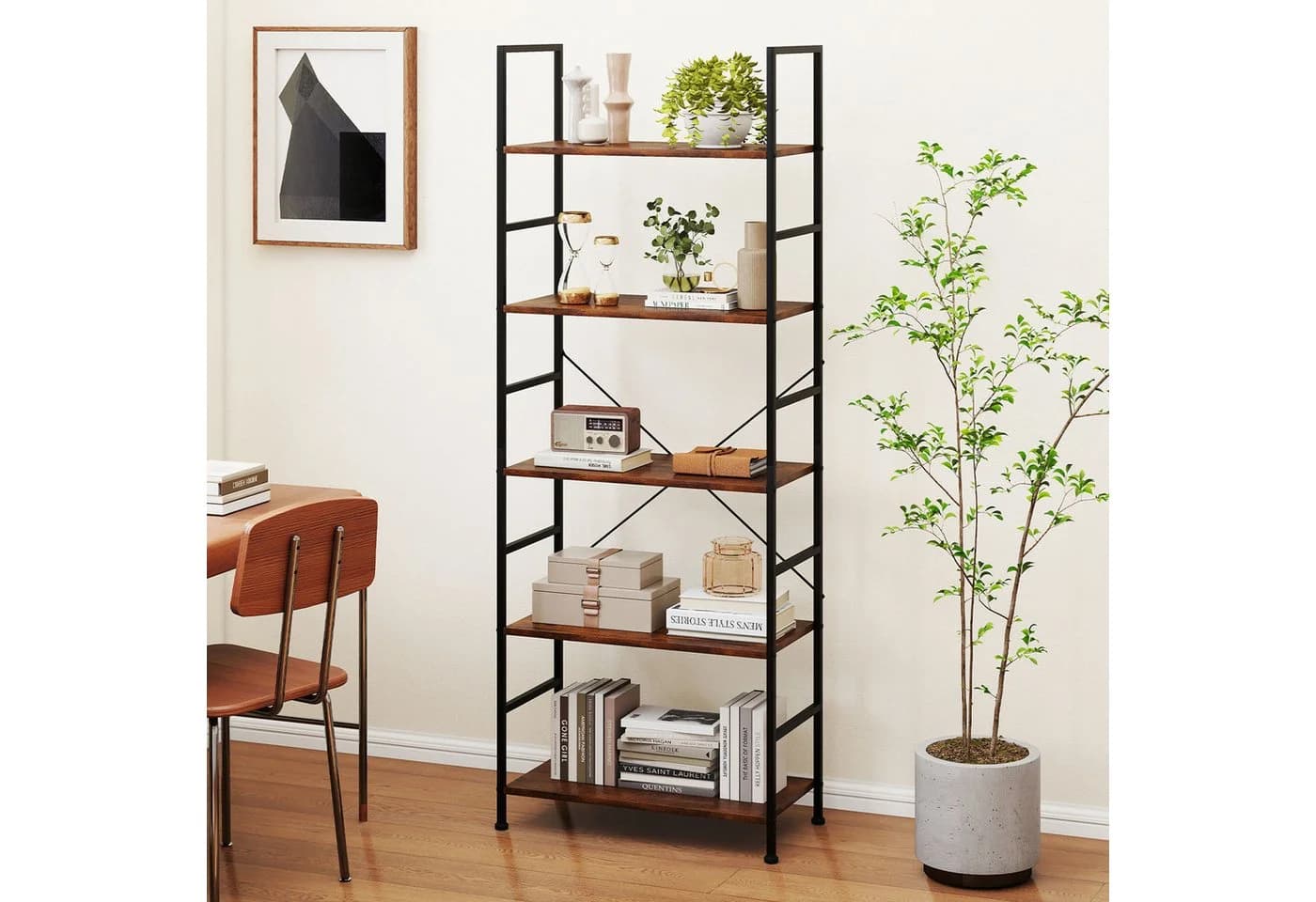 COSTWAY Bücherregal Standregal Metall Holz 160cm Braun Schwarz