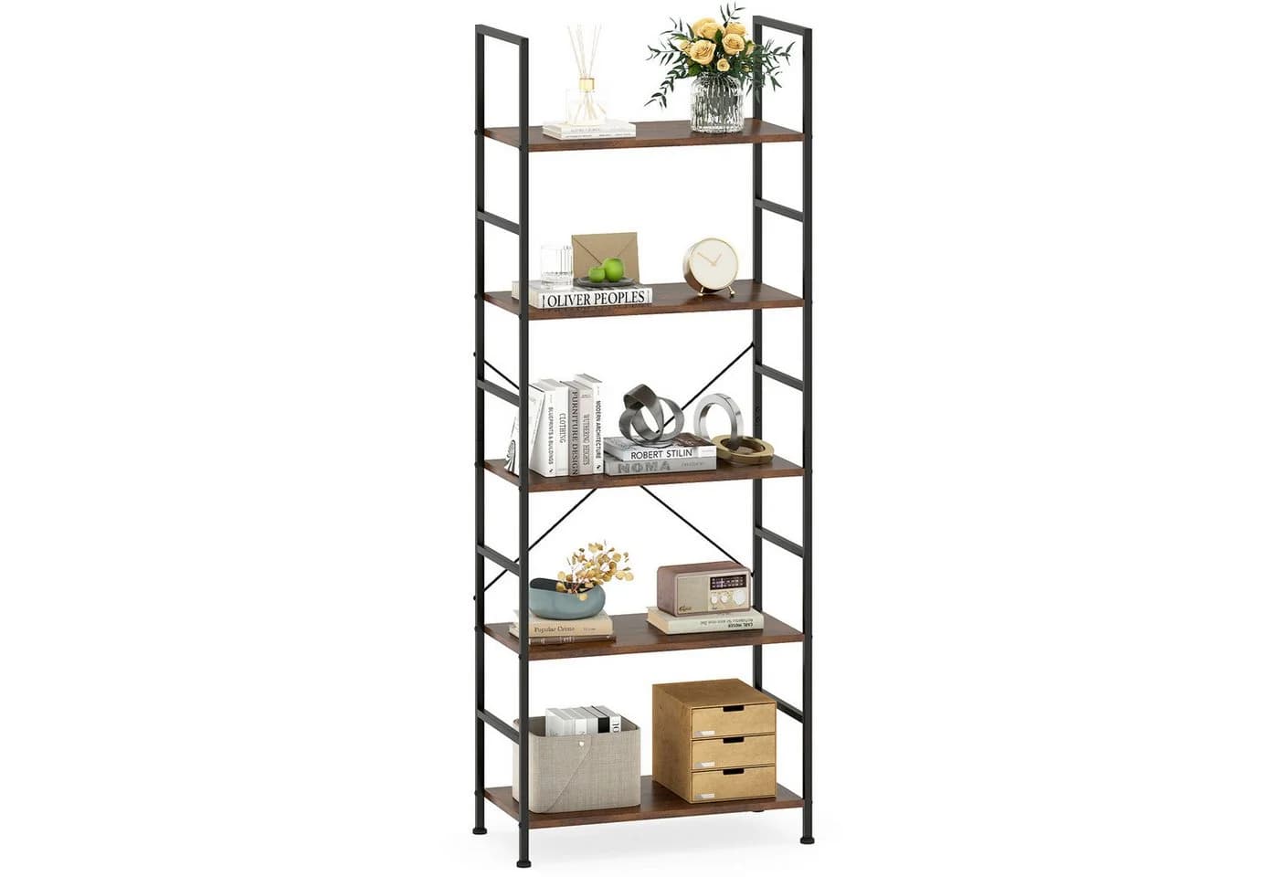 COSTWAY Bücherregal Standregal Metall Holz 160cm Braun Schwarz - Bild 2
