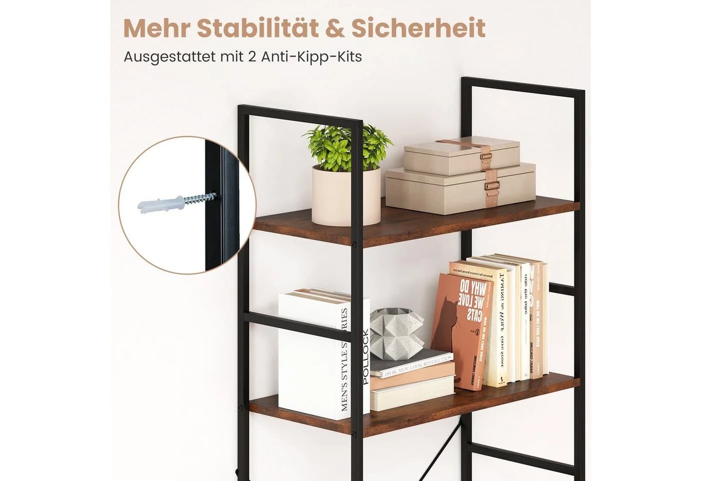 COSTWAY Bücherregal Standregal Metall Holz 160cm Braun Schwarz - Bild 3