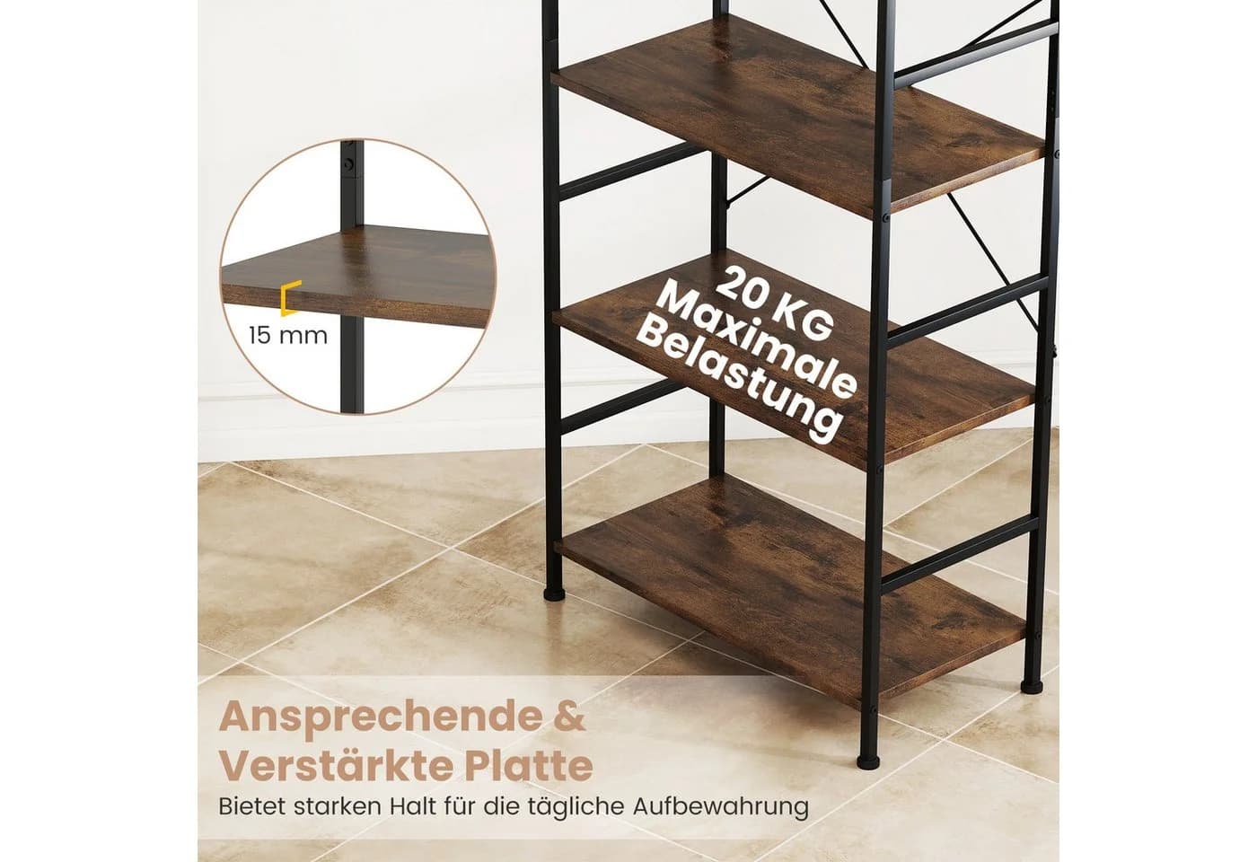 COSTWAY Bücherregal Standregal Metall Holz 160cm Braun Schwarz - Bild 4
