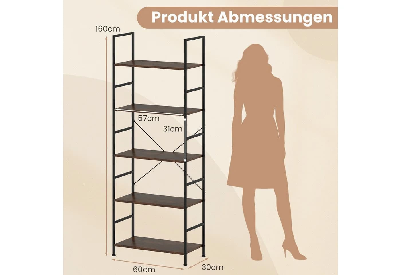 COSTWAY Bücherregal Standregal Metall Holz 160cm Braun Schwarz - Bild 5