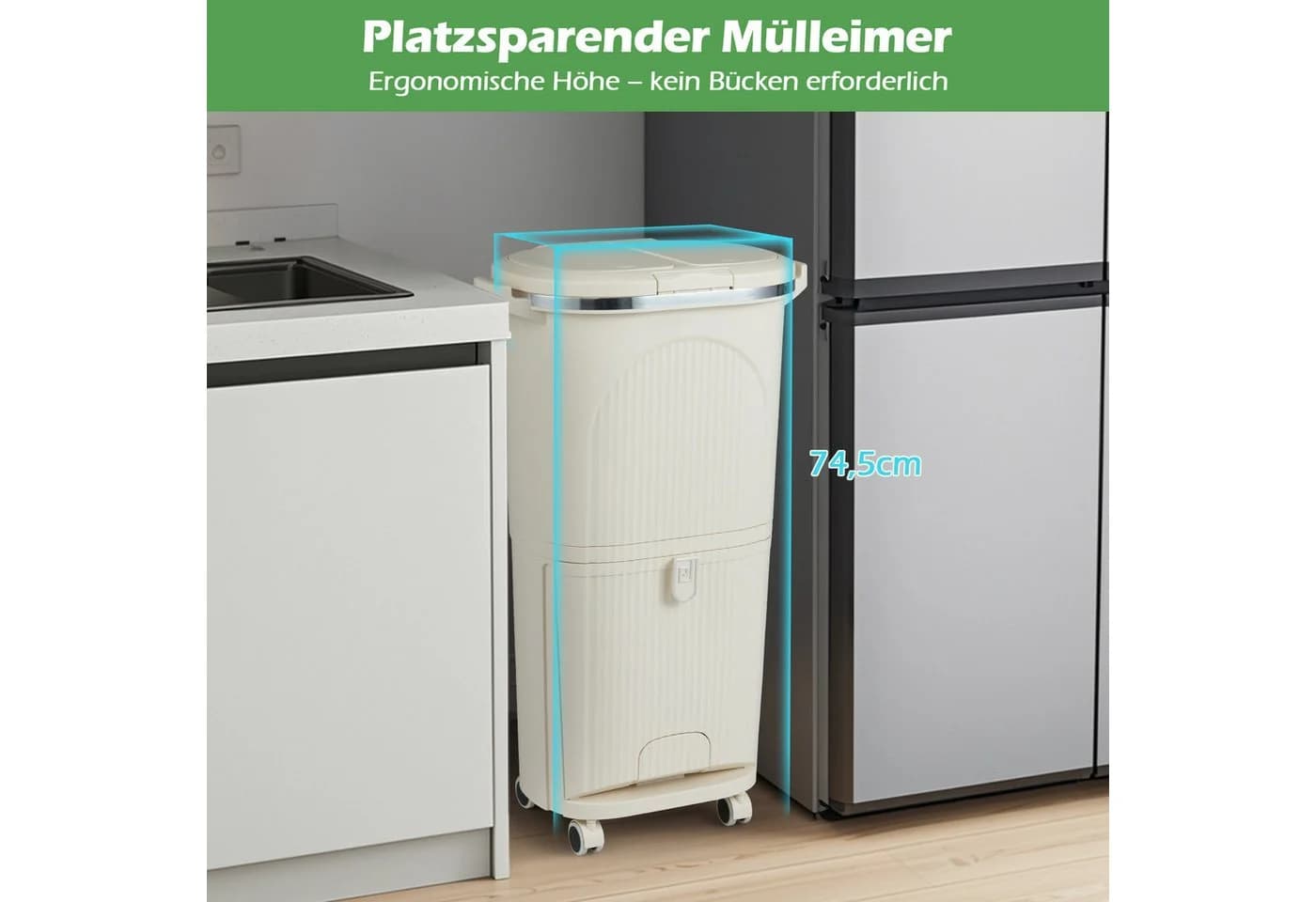 COSTWAY Mülleimer 3 Fächer Tretmülleimer Beige/Weiß Mülltrennsystem