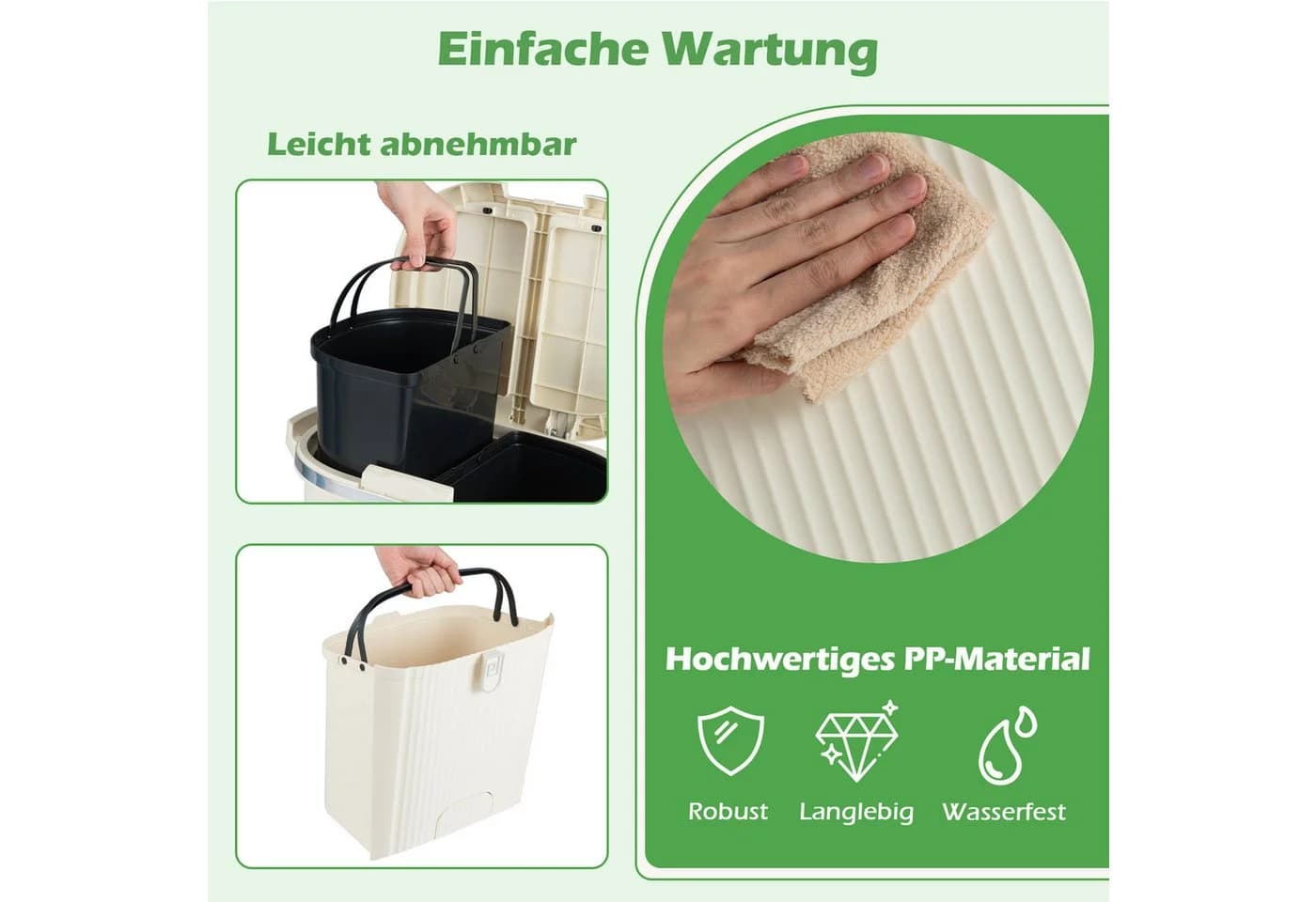 COSTWAY Mülleimer 3 Fächer Tretmülleimer Beige/Weiß Mülltrennsystem - Bild 5