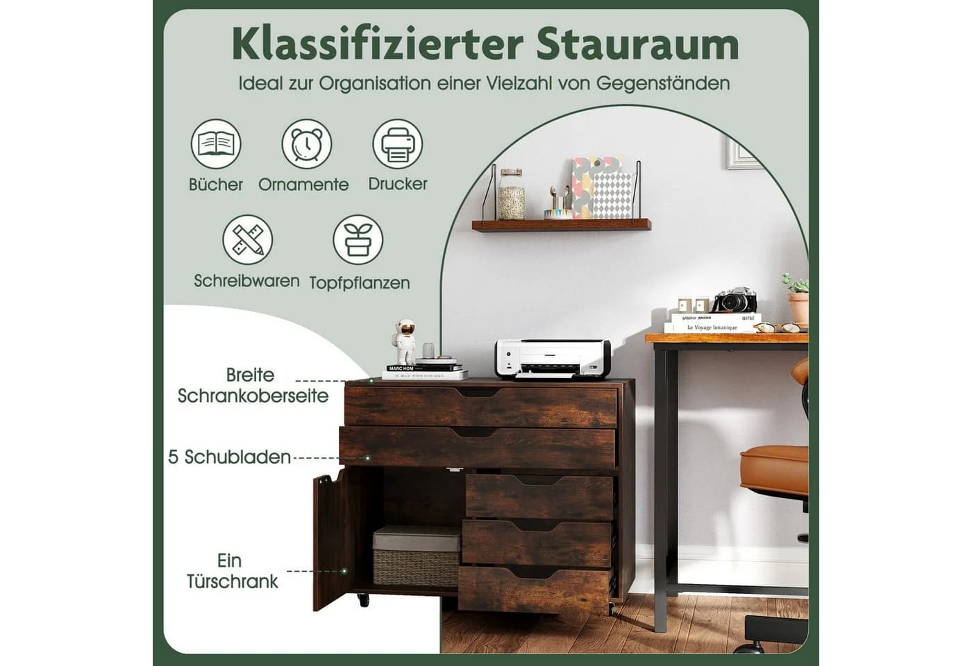 COSTWAY Rollcontainer mit 5 Schubladen Büroschrank weiß - Bild 3
