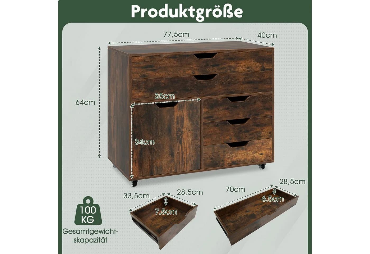 COSTWAY Rollcontainer mit 5 Schubladen Büroschrank weiß - Bild 5