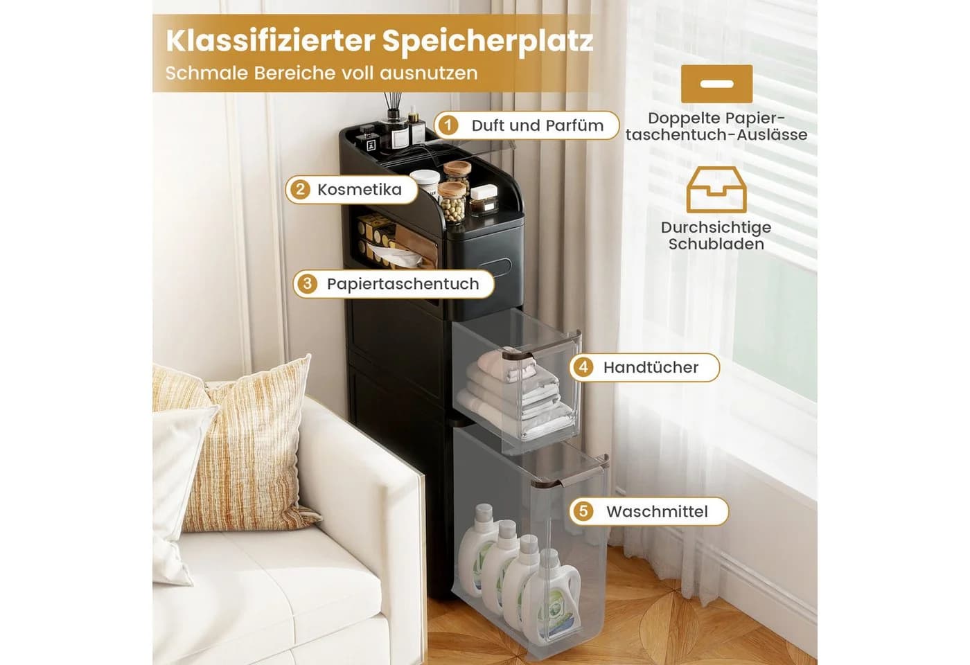 COSTWAY Badkommode Schmal 2 Schubladen Schwarz/Weiß - Bild 3
