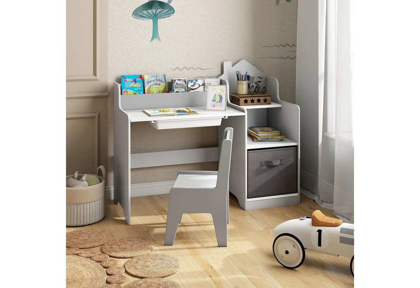 COSTWAY Kinderschreibtisch mit Stuhl, Schülertisch mit Stauraum, Schublade - Bild 2