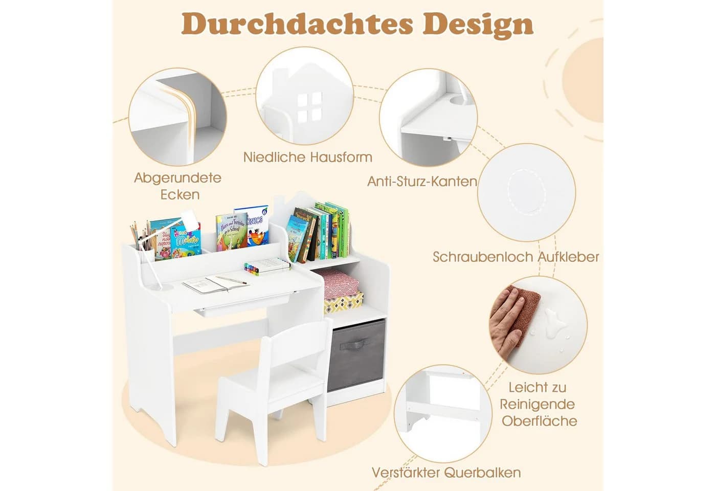 COSTWAY Kinderschreibtisch mit Stuhl, Schülertisch mit Stauraum, Schublade - Bild 3
