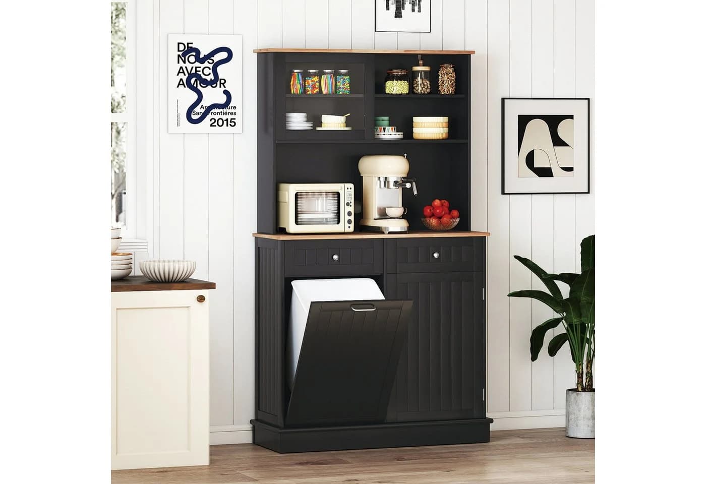 COSTWAY Küchenbuffet 38L Mülleimer Arbeitsplatte Hochschrank Weiß - Bild 2
