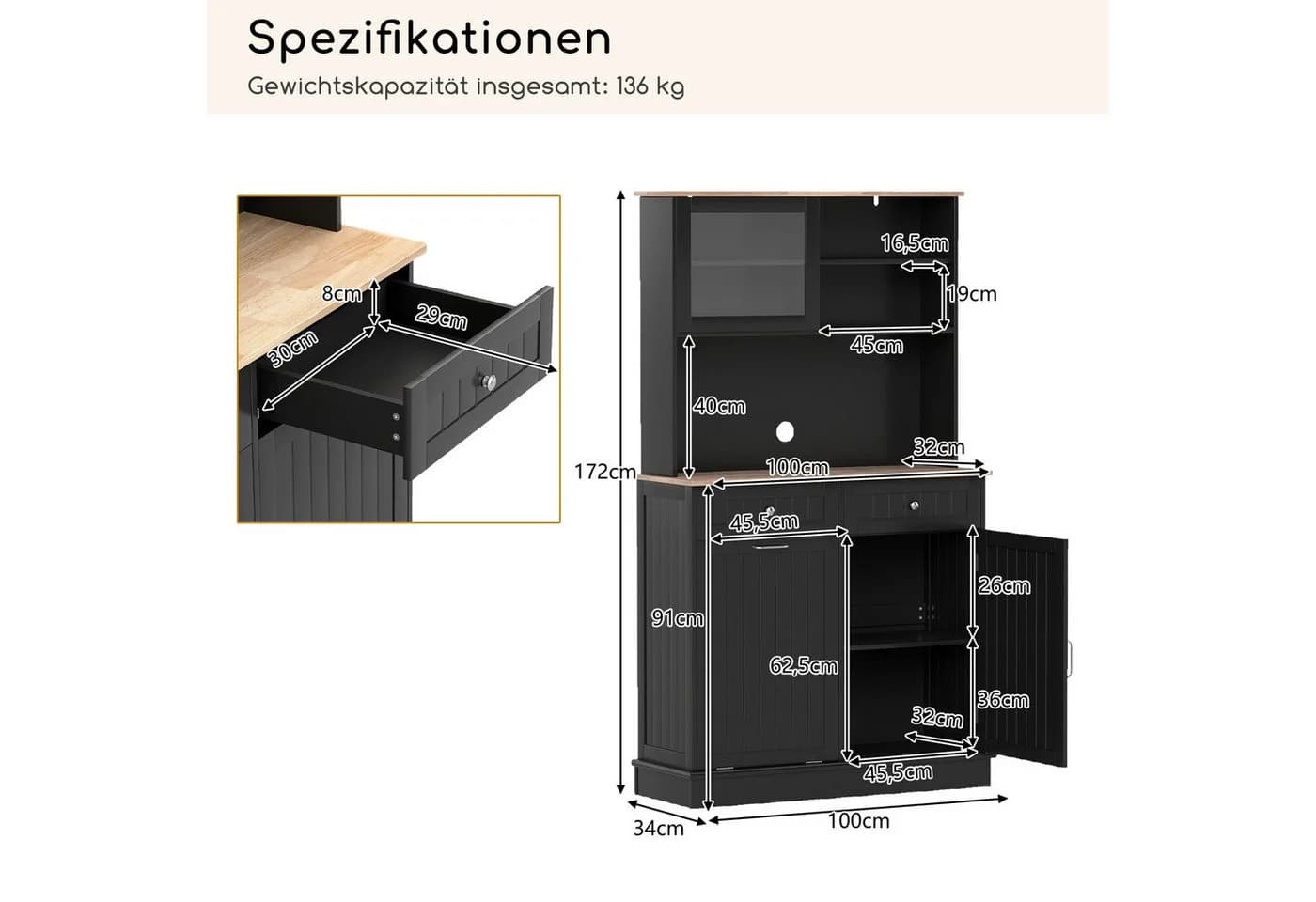 COSTWAY Küchenbuffet 38L Mülleimer Arbeitsplatte Hochschrank Weiß - Bild 5
