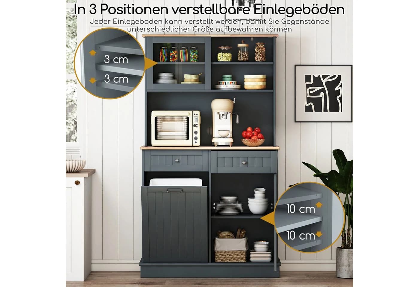 COSTWAY Küchenbuffet 38L Mülleimer Arbeitsplatte Hochschrank Weiß