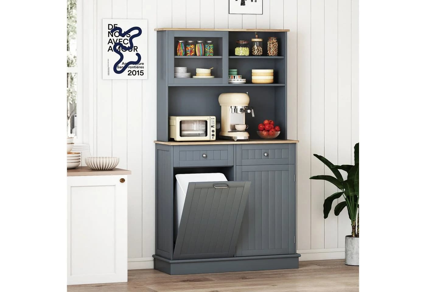 COSTWAY Küchenbuffet 38L Mülleimer Arbeitsplatte Hochschrank Weiß - Bild 2