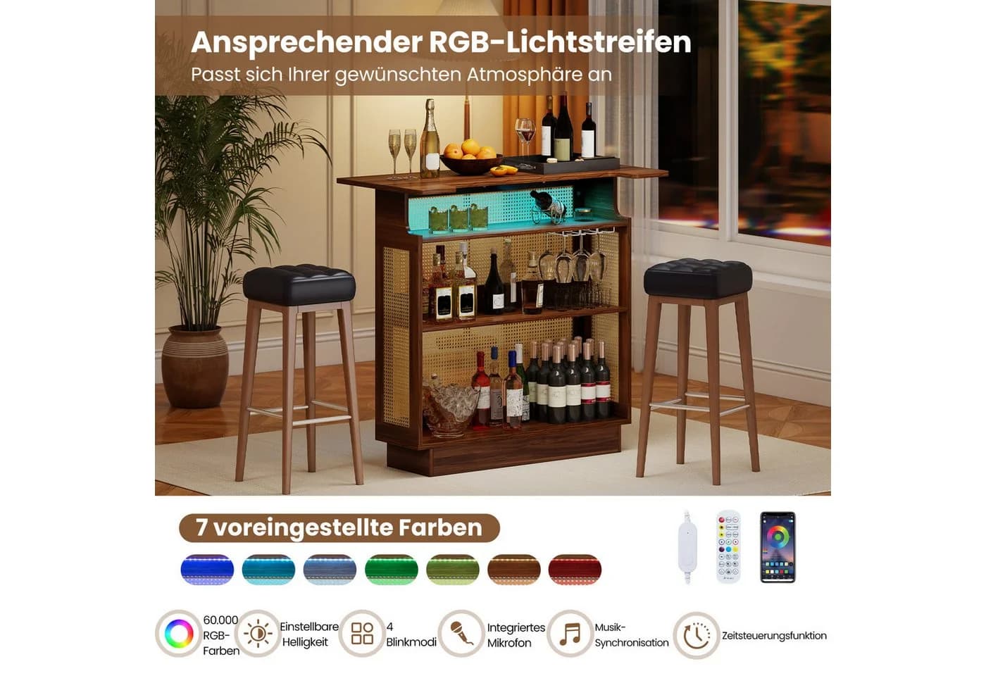 COSTWAY Bartisch LED Hausbar Weinschrank Rattan Braun