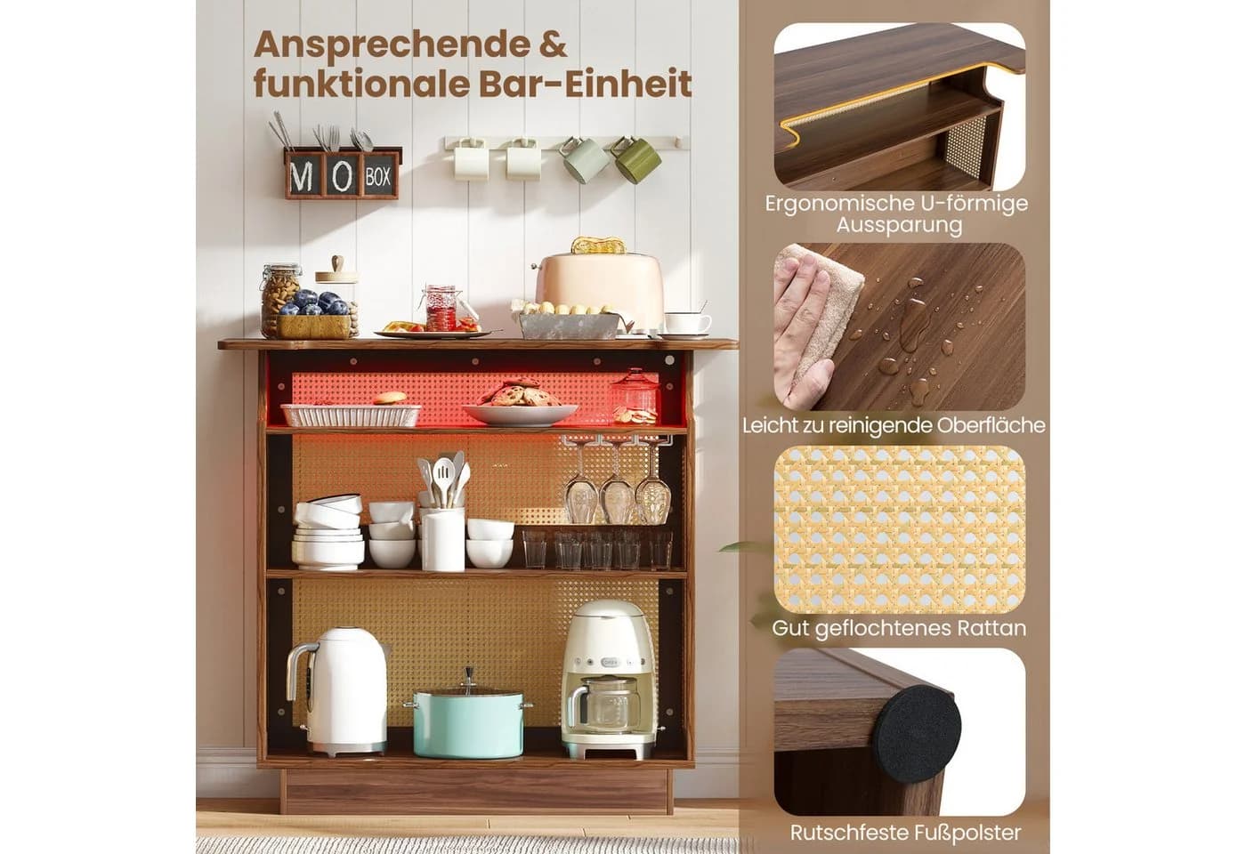 COSTWAY Bartisch LED Hausbar Weinschrank Rattan Braun - Bild 4