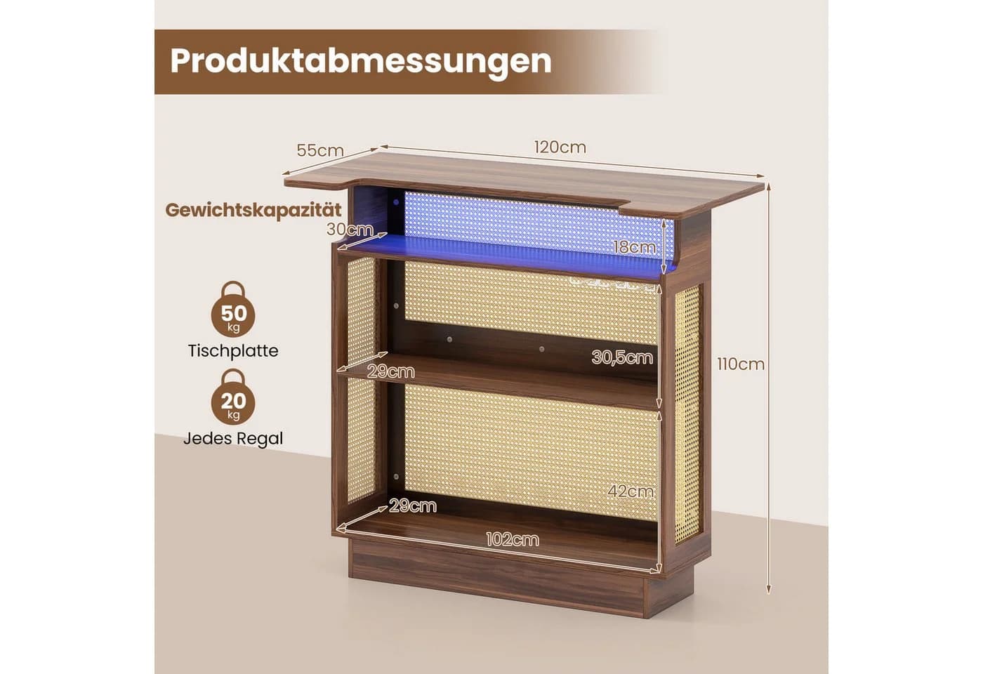 COSTWAY Bartisch LED Hausbar Weinschrank Rattan Braun - Bild 5