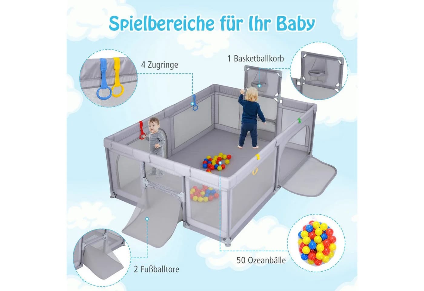 COSTWAY Laufstall Faltbar mit Tragetasche, 50 Bälle, Grau - Bild 3
