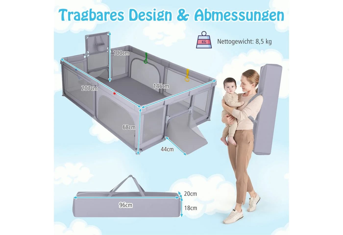 COSTWAY Laufstall Faltbar mit Tragetasche, 50 Bälle, Grau - Bild 4