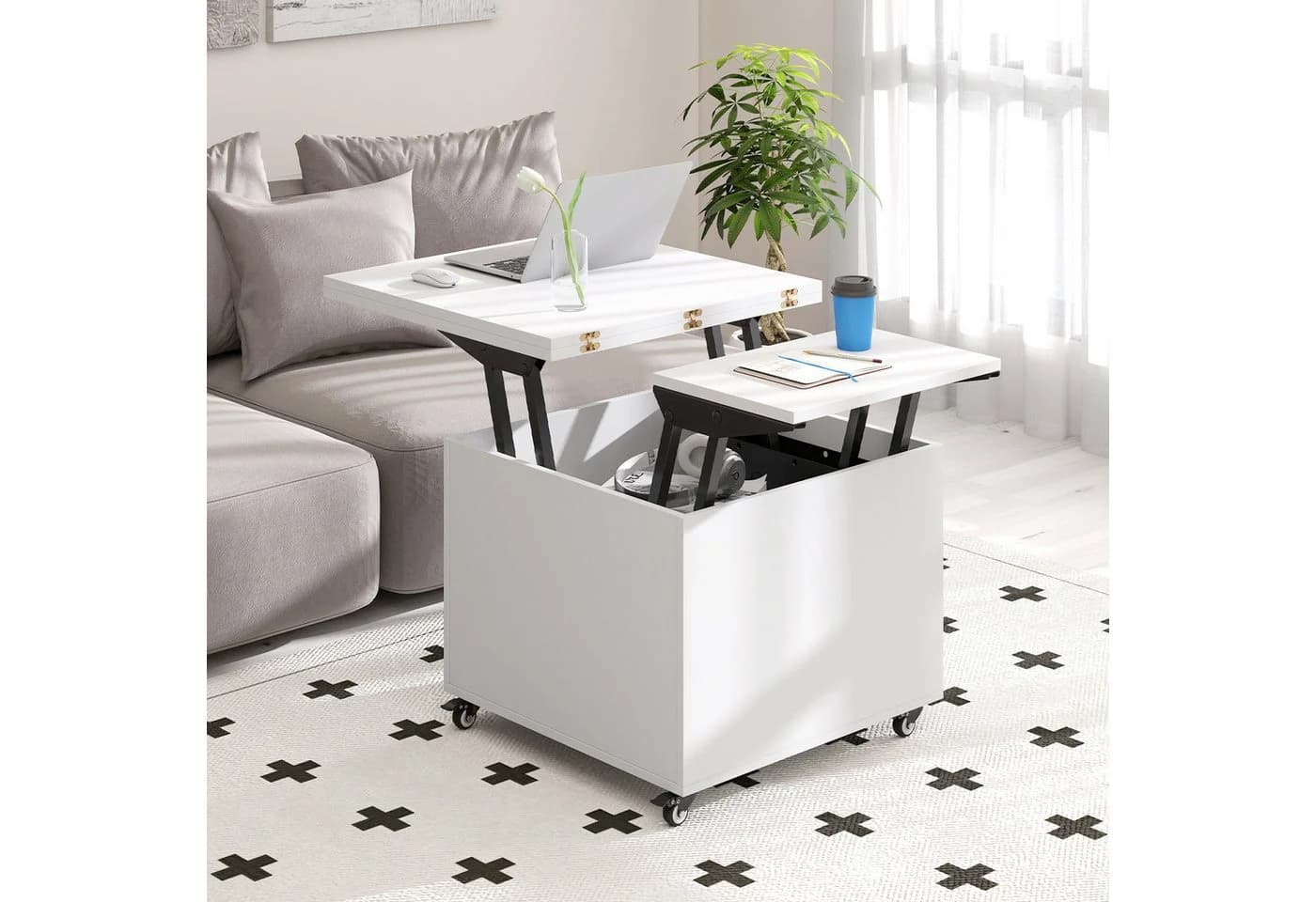 COSTWAY Lift-Top Couchtisch höhenverstellbar mit Stauraum und Rollen