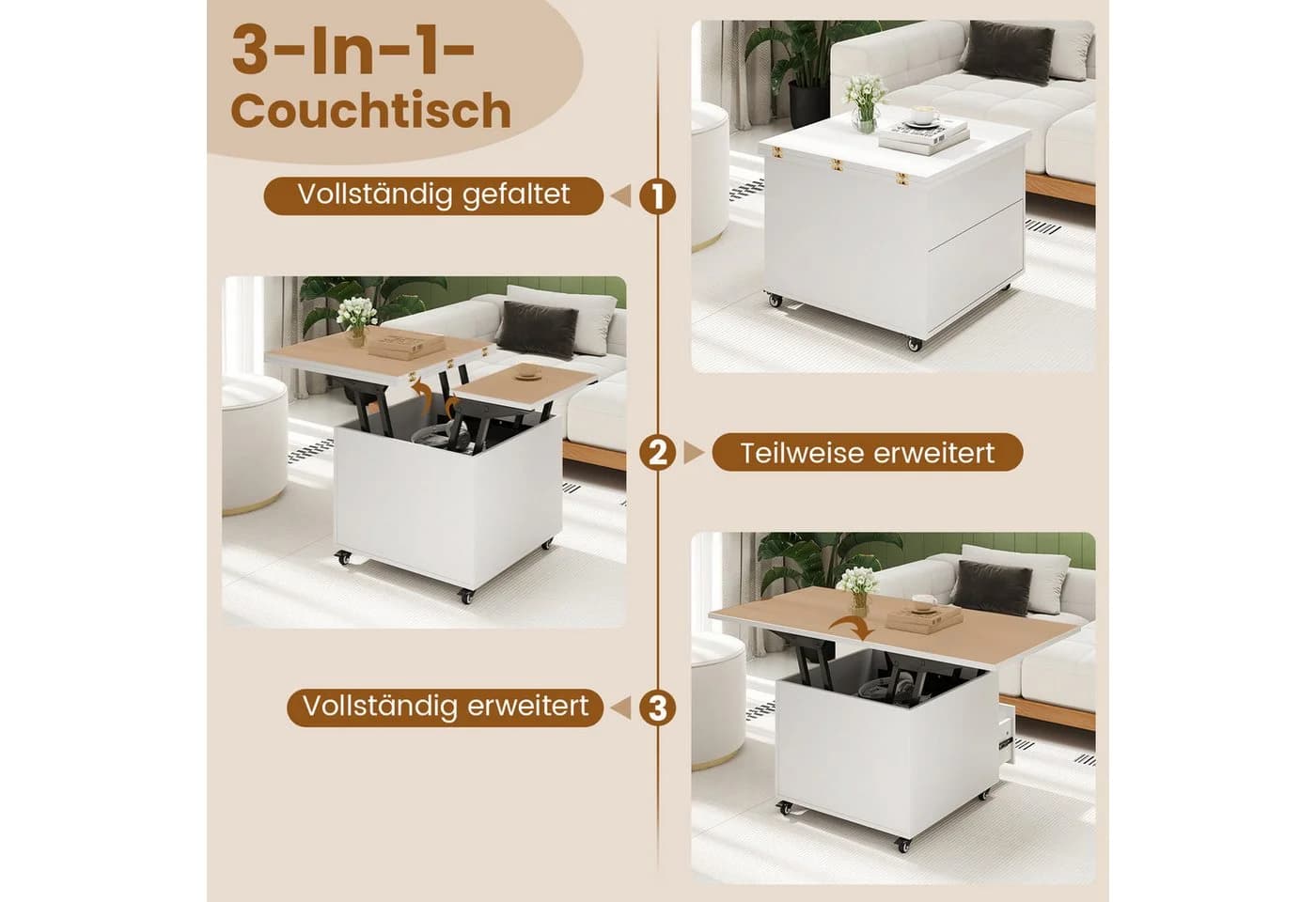 COSTWAY Lift-Top Couchtisch höhenverstellbar mit Stauraum und Rollen - Bild 3