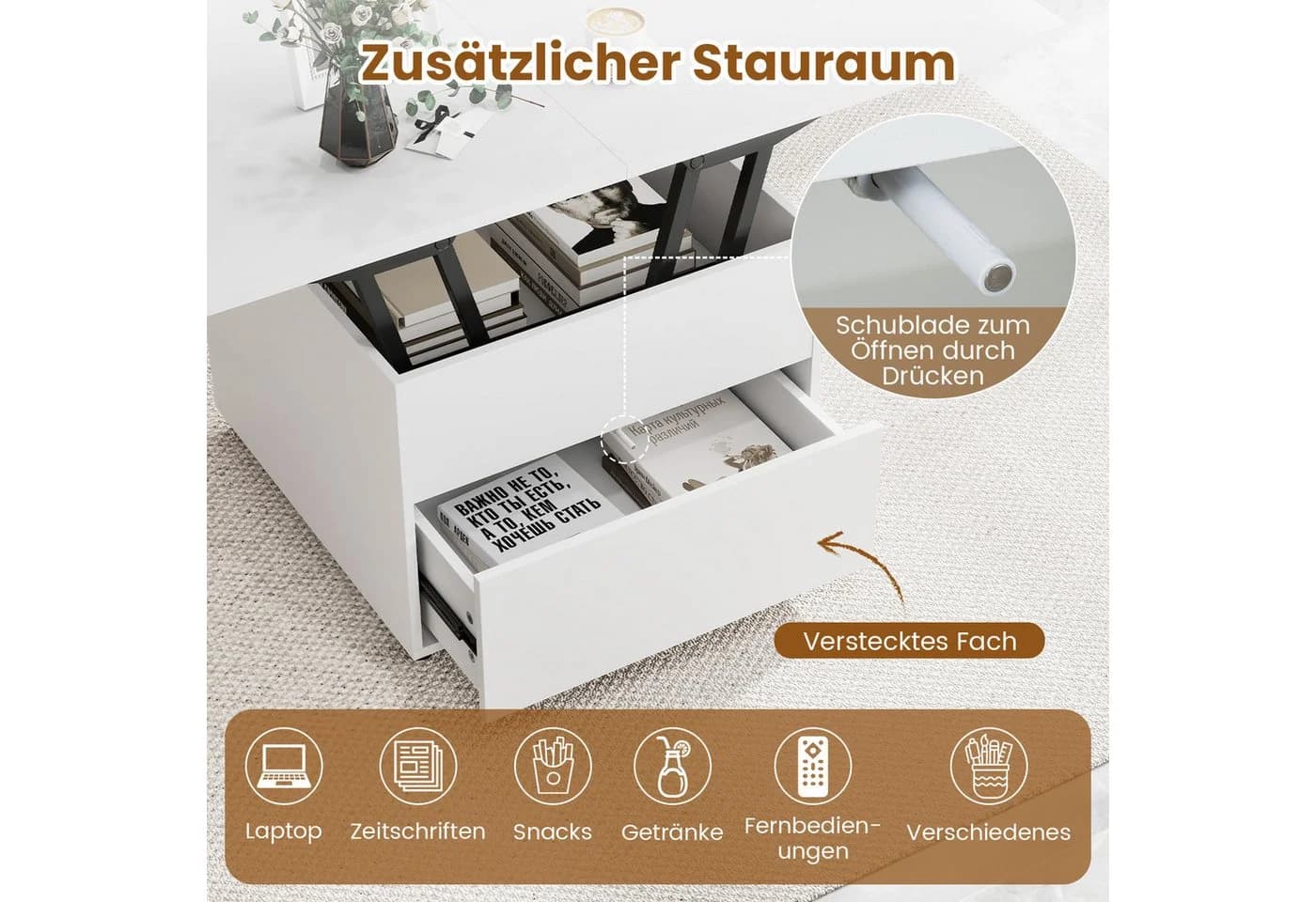 COSTWAY Lift-Top Couchtisch höhenverstellbar mit Stauraum und Rollen - Bild 4