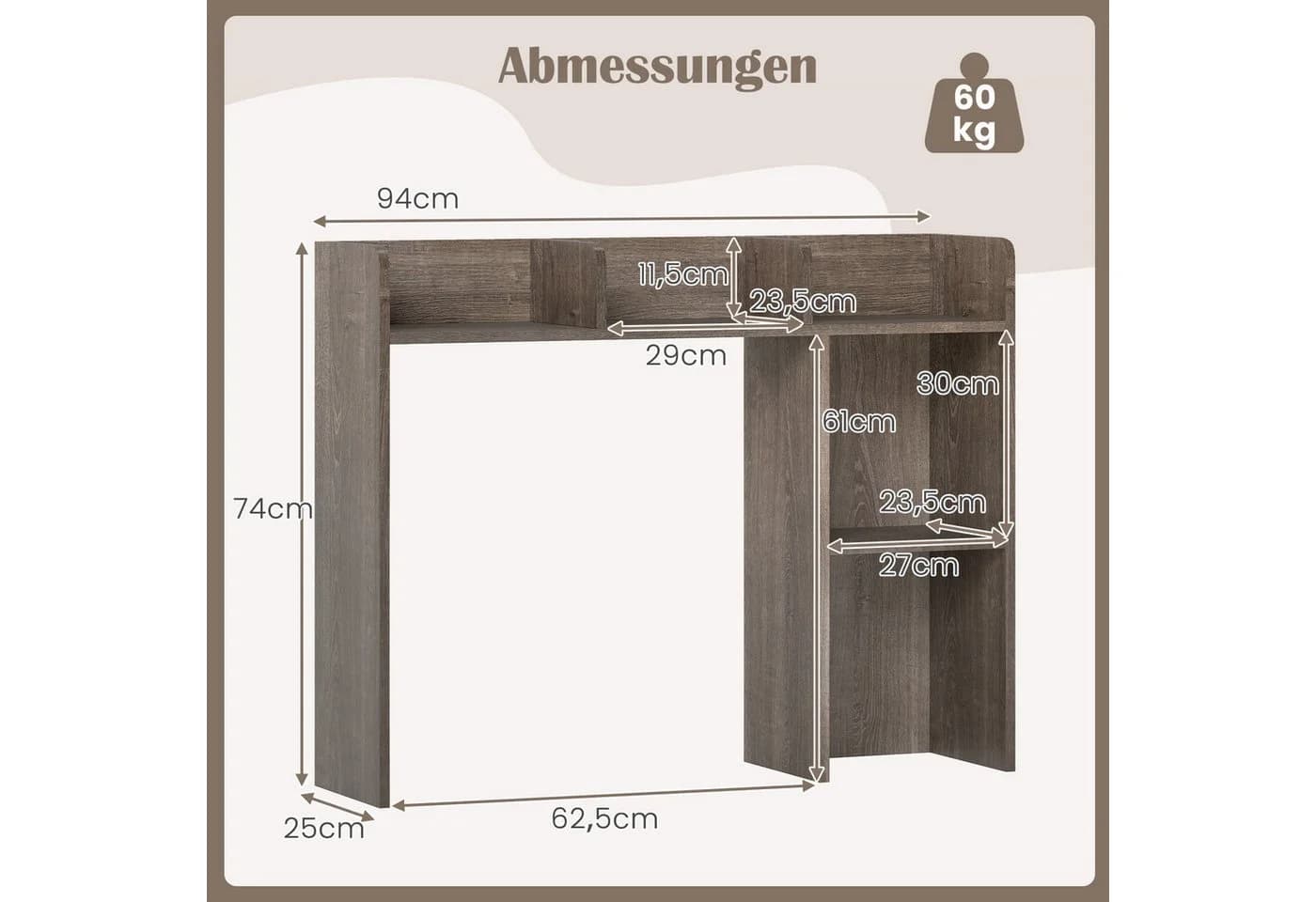 COSTWAY Schreibtischregal Grau mit 4 Ablagen - Bild 3