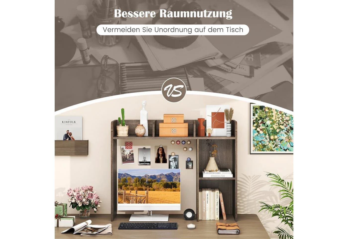 COSTWAY Schreibtischregal Grau mit 4 Ablagen - Bild 4