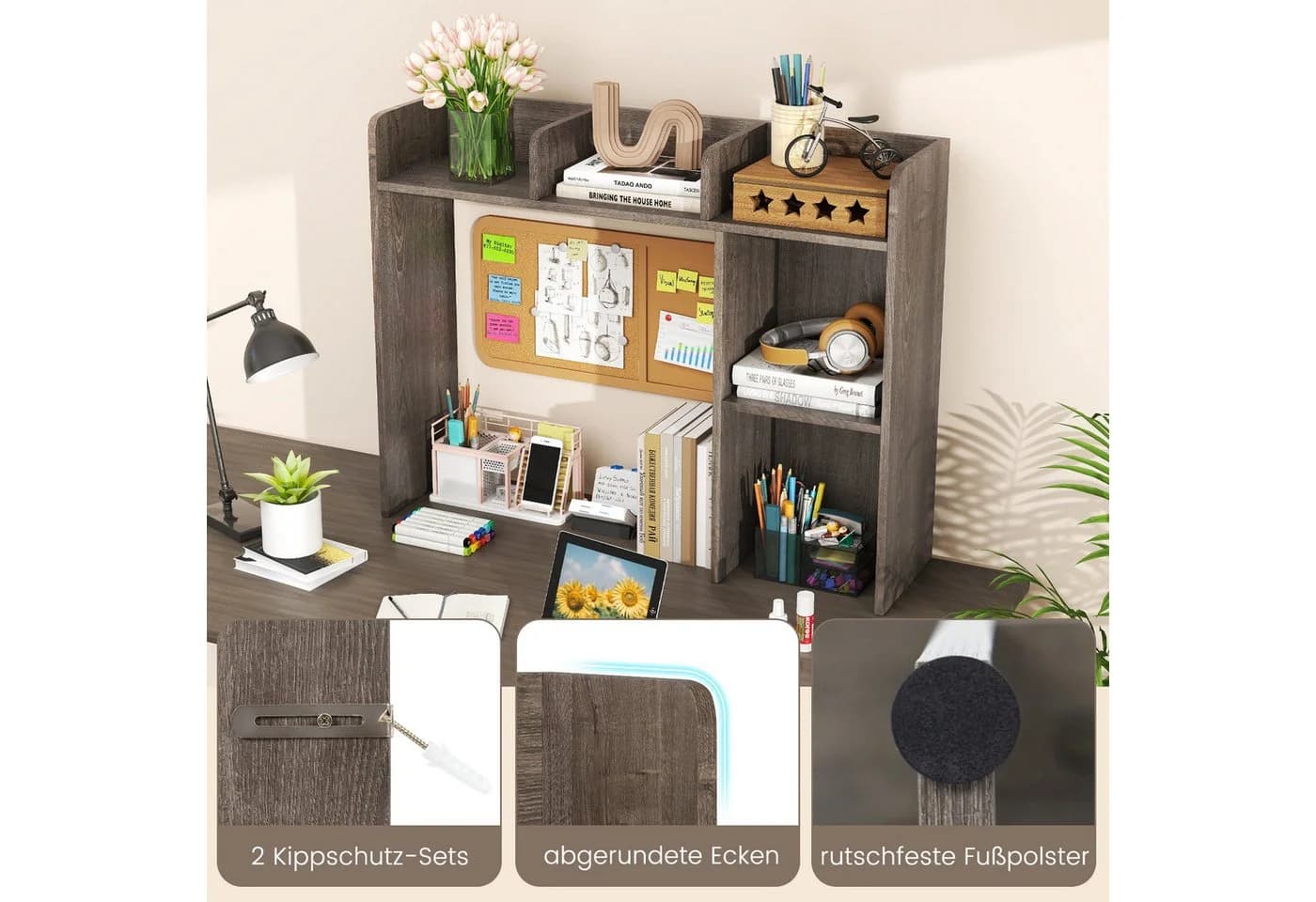 COSTWAY Schreibtischregal Grau mit 4 Ablagen - Bild 5