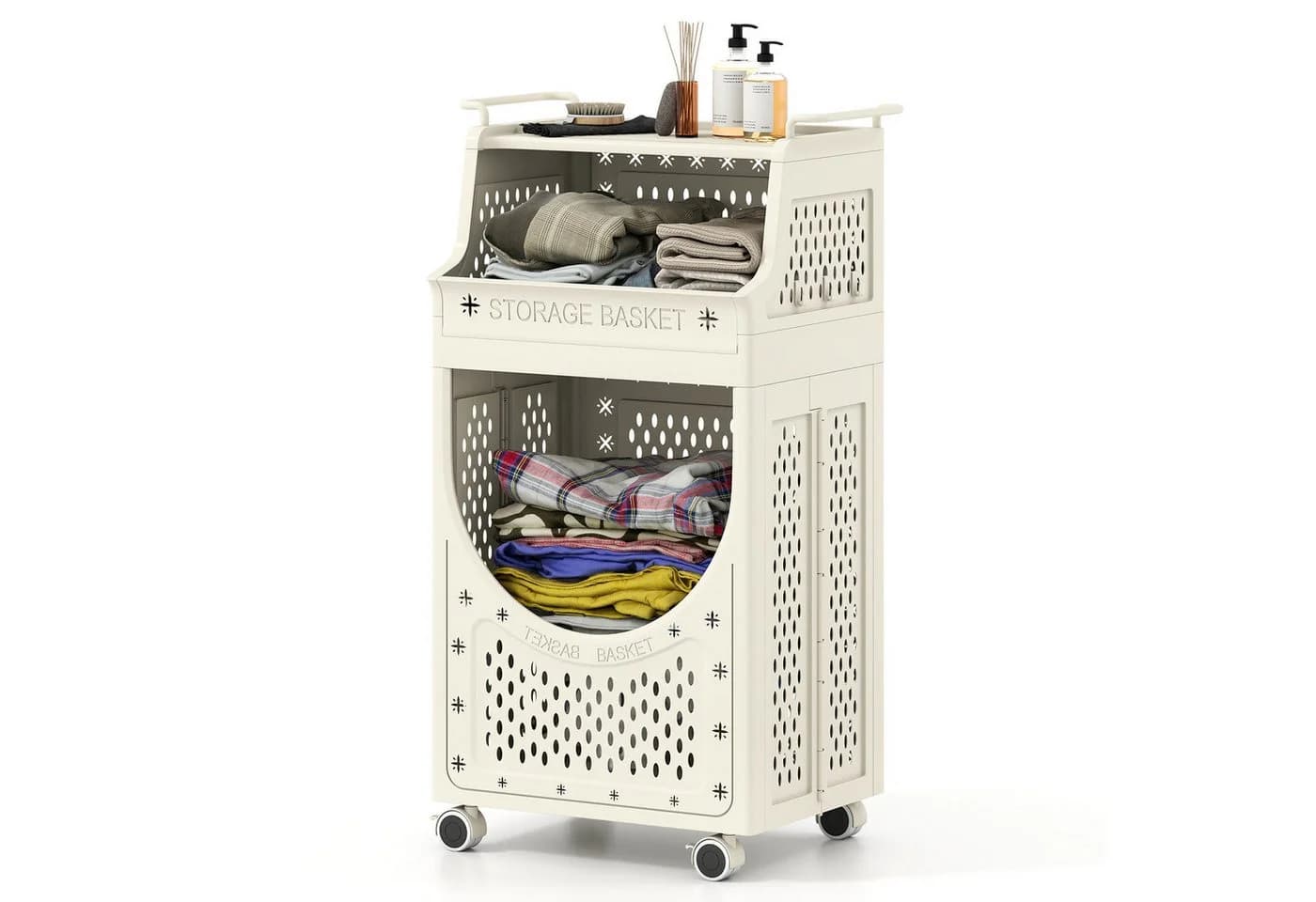 COSTWAY 3-stufiger Wäschekorbwagen 40L Beige - Bild 2