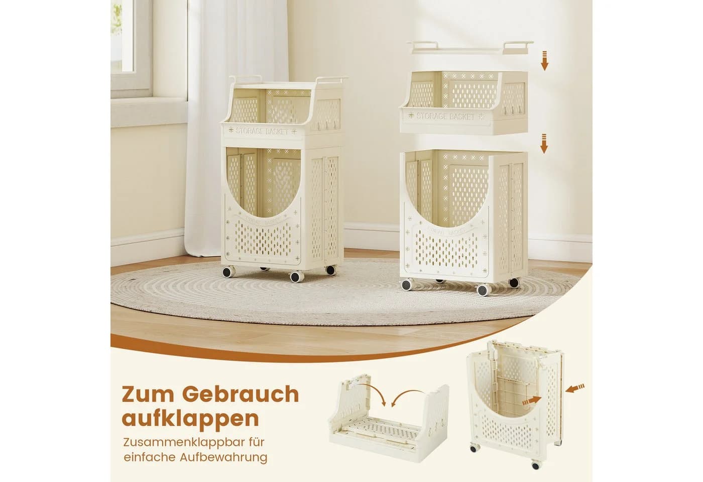 COSTWAY 3-stufiger Wäschekorbwagen 40L Beige - Bild 4