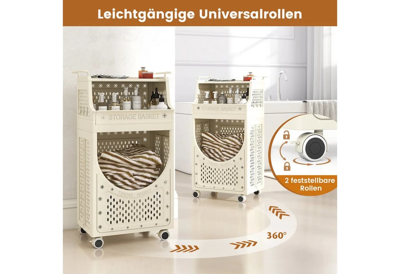 COSTWAY 3-stufiger Wäschekorbwagen 40L Beige - Bild 5