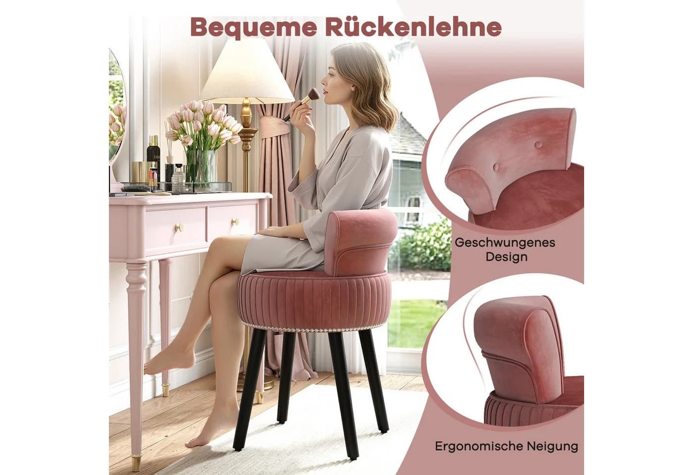 COSTWAY Sitzhocker Samt Rosa gepolstert Holz - Bild 3