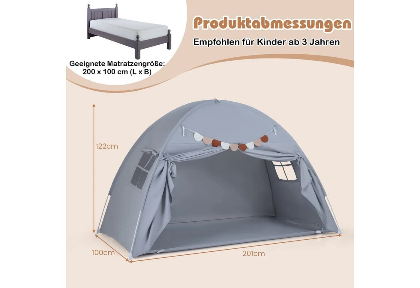 COSTWAY Bettzelt Faltbares Zwillingsbett-Zelt mit 2 Fenstern & Fahnen Beige/Grau - Bild 5