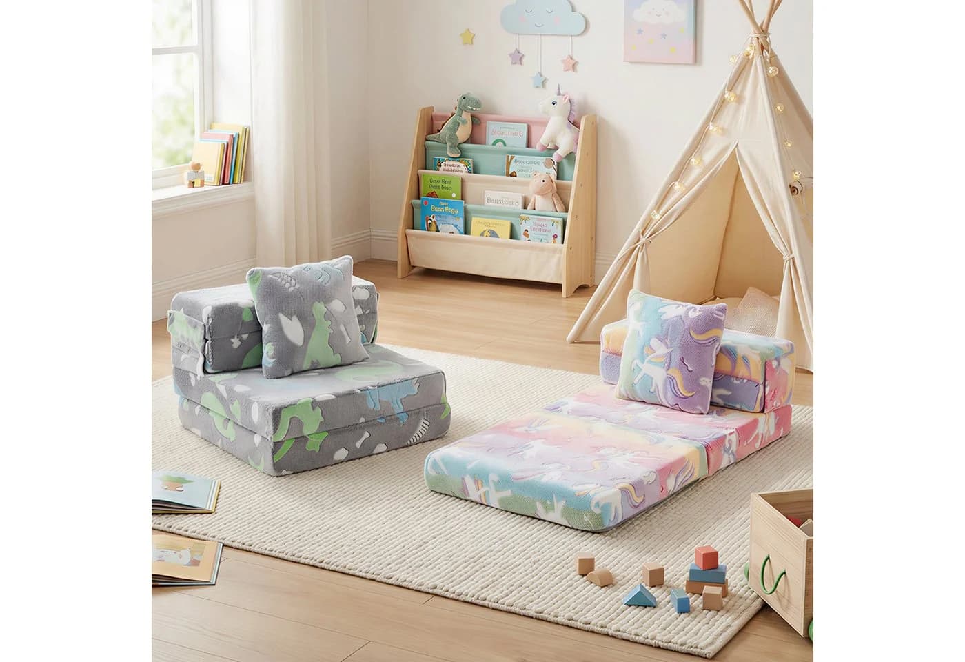 COSTWAY Kindersofa 3-in-1 Klappsofa-Bett Rosa
